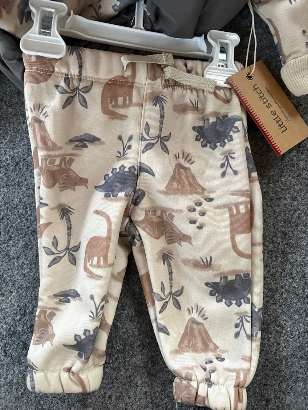 NEW! Little Stitch - Dino Print Three-Piece Outfit - Taupe & Cream - 3 months